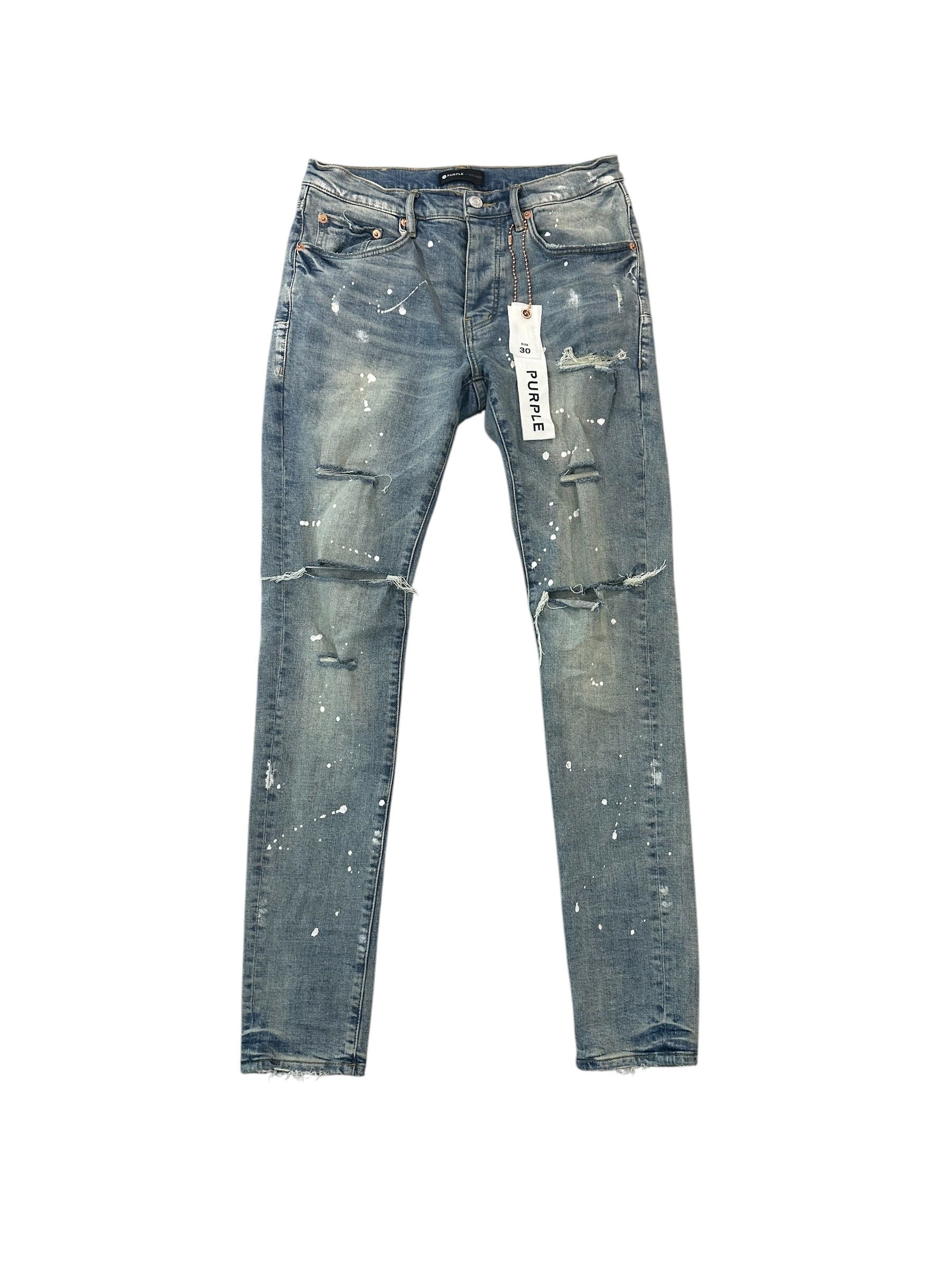 Purple Brand Blow Out Knee Paint Splatter Denim