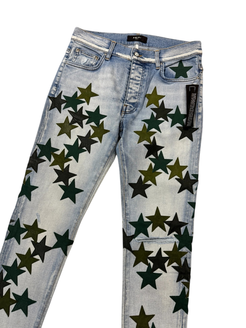 Amiri x Chemist Leather Star Patch Jeans Light Indigo