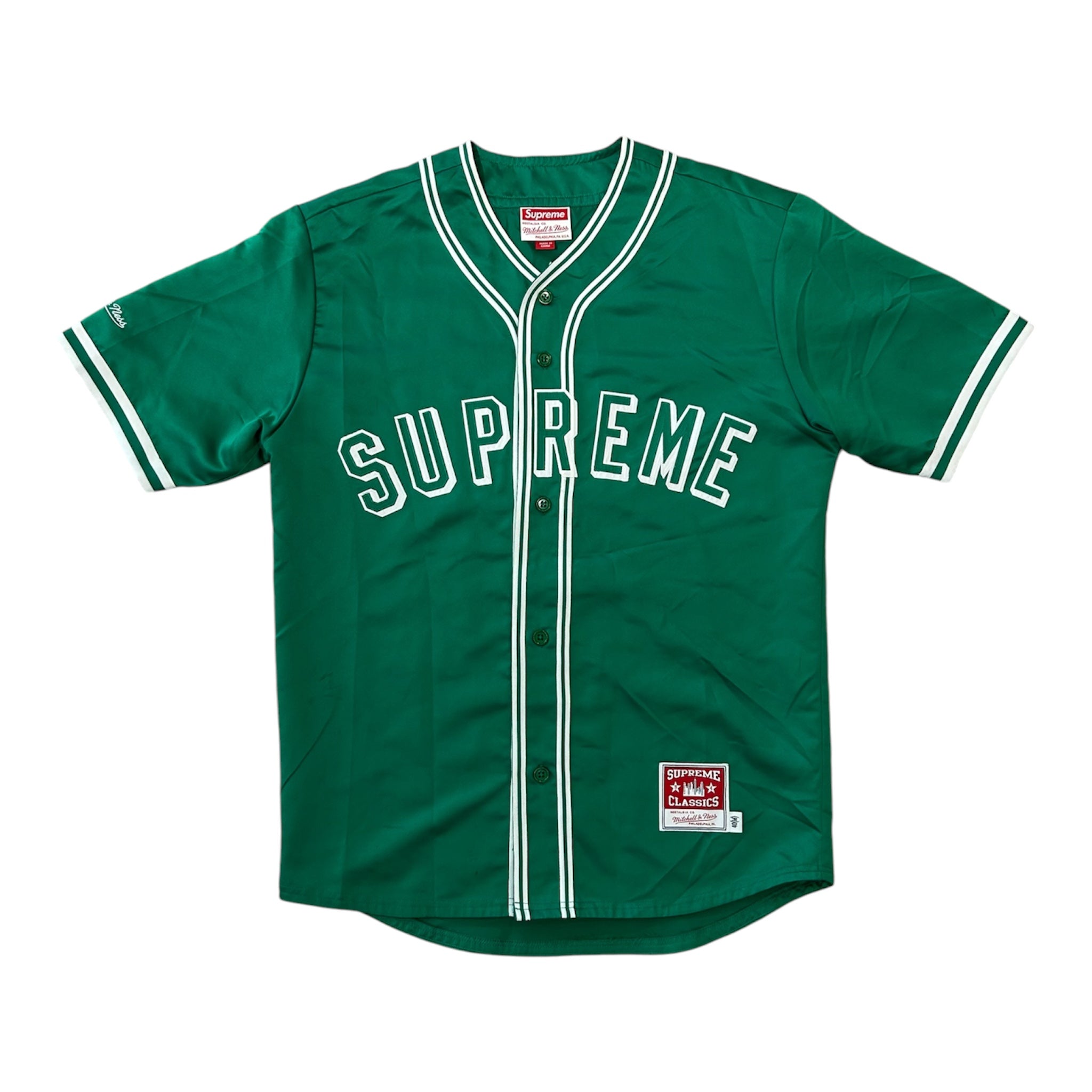 Supreme Mitchell & Ness Satin Baseball Jersey Green