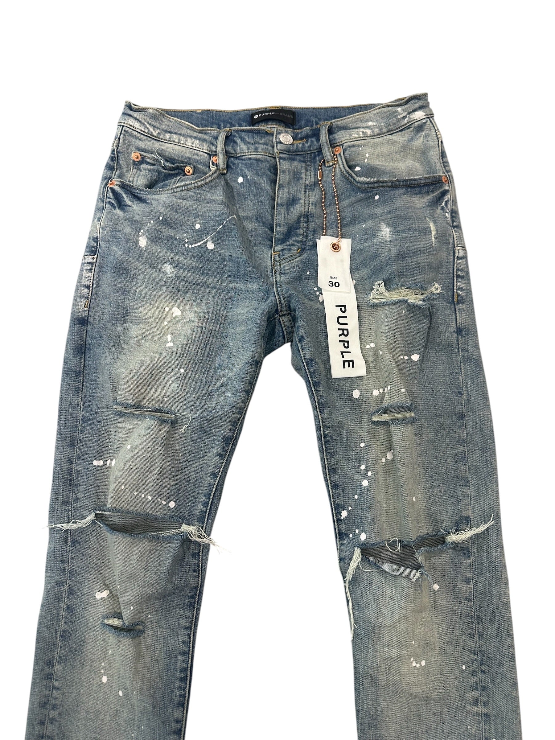 Purple Brand Blow Out Knee Paint Splatter Denim