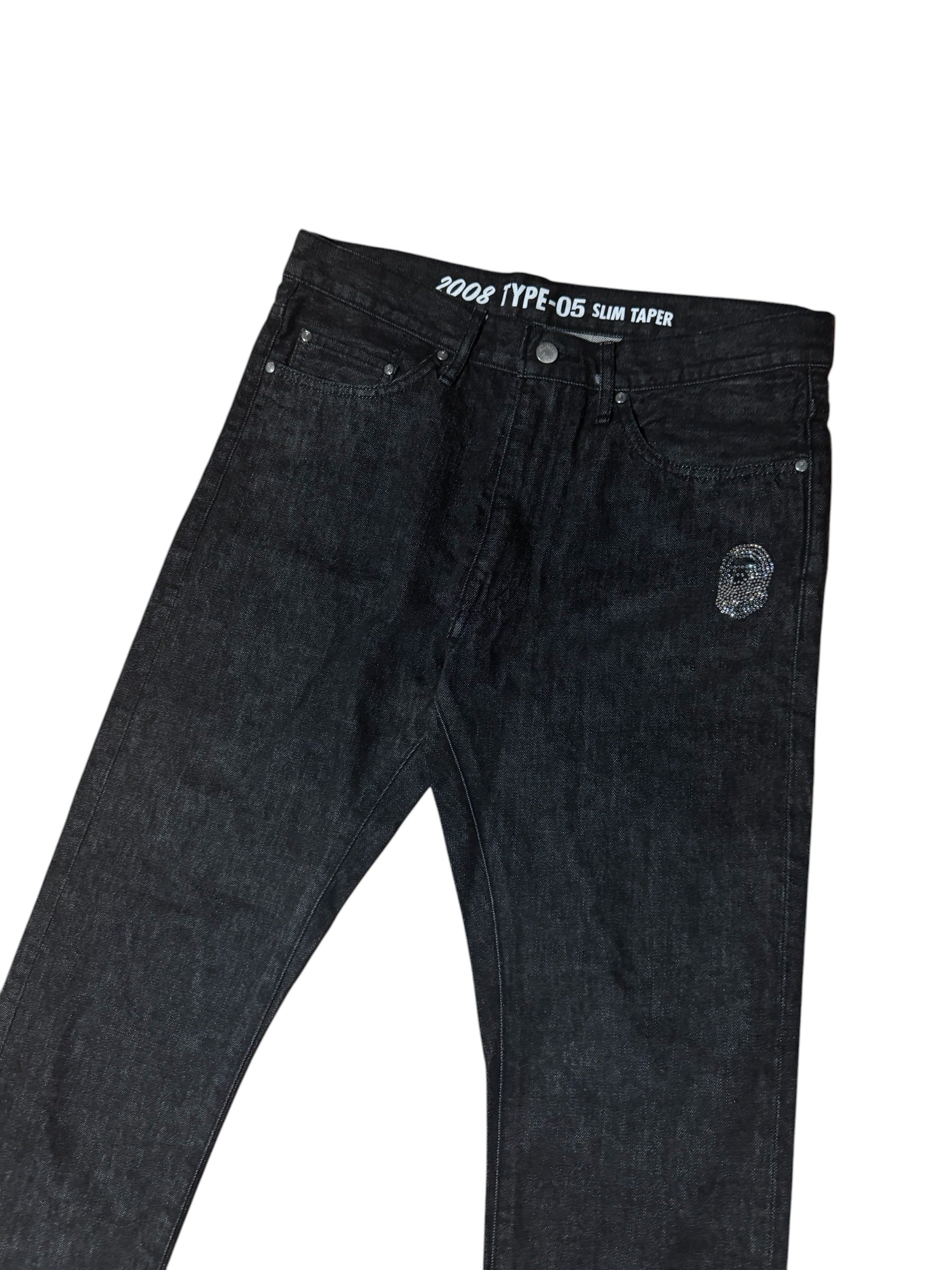Bape Slim Taper Rhinestone Head Logo Denim