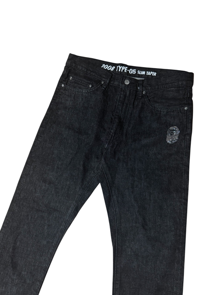 Bape Slim Taper Rhinestone Head Logo Denim