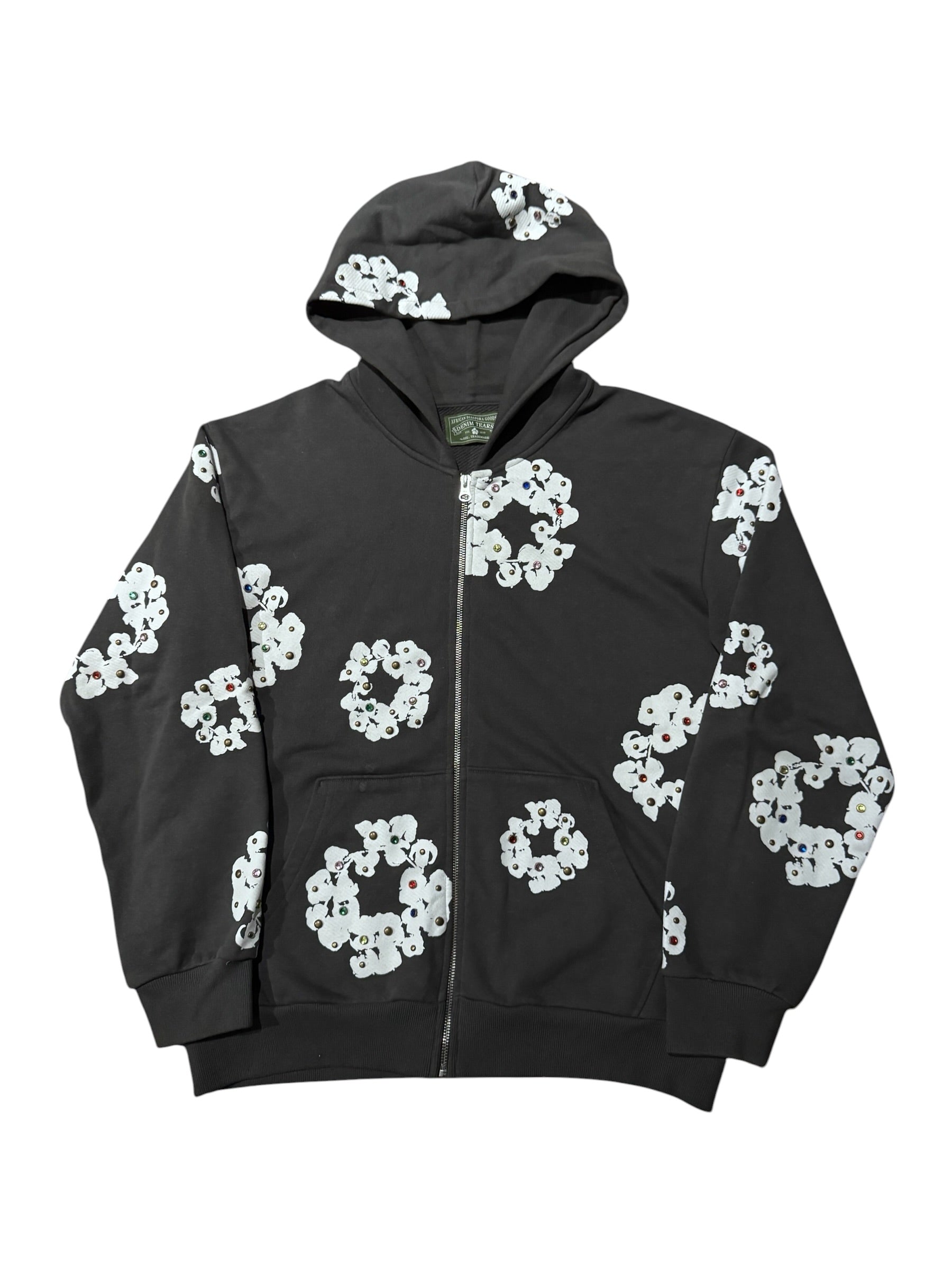 Denim Tears Rhinestone Cotton Wreath Zip Hoodie Vintage Black