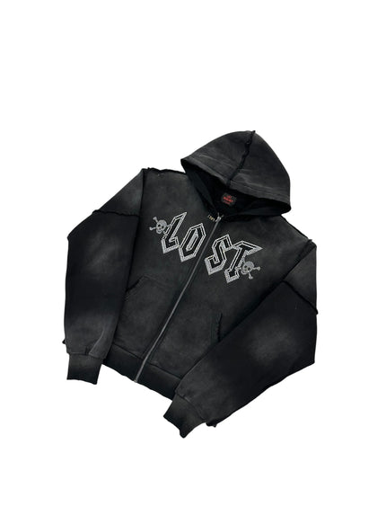 Lost Intricacy Rhinestone Zip Up Hoodie Black