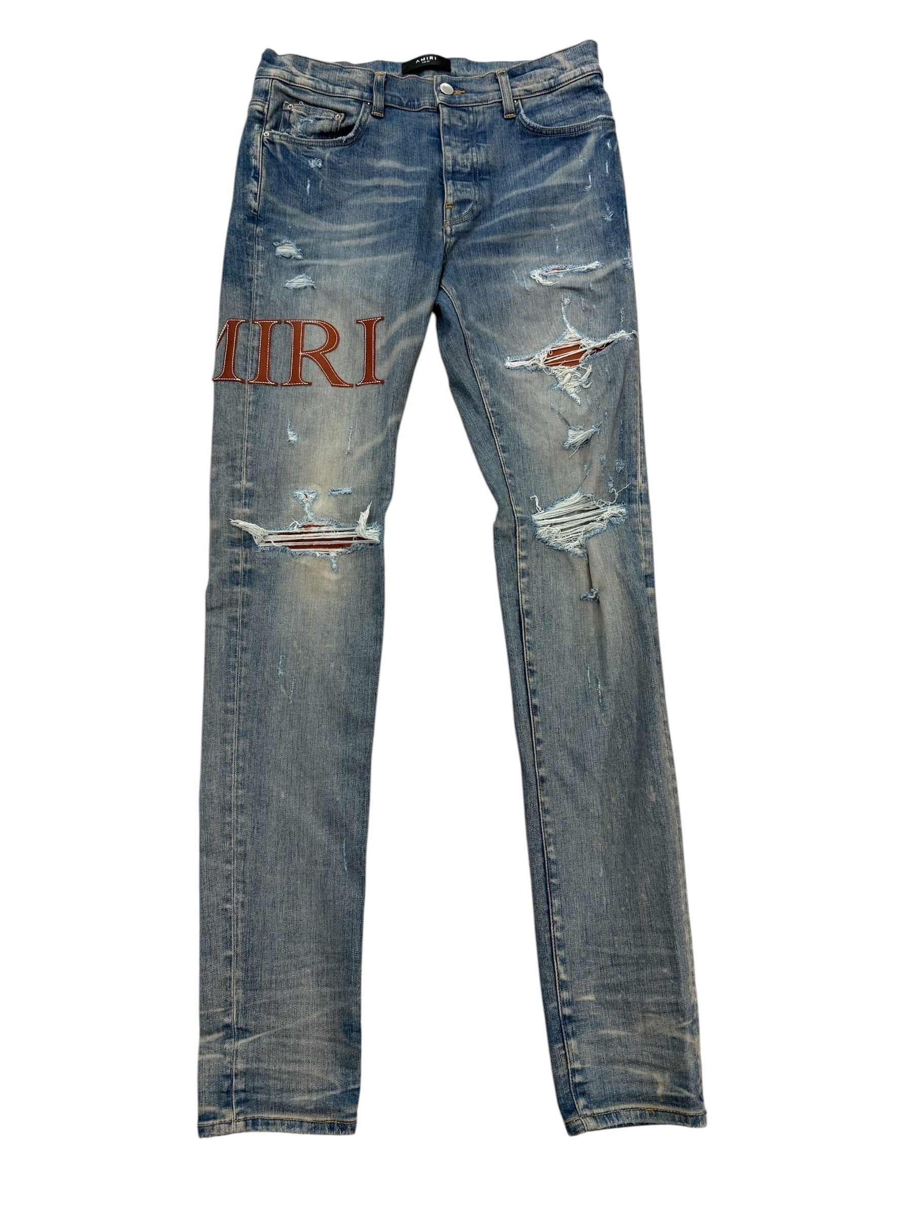 Amiri Leather Stitch Logo Denim